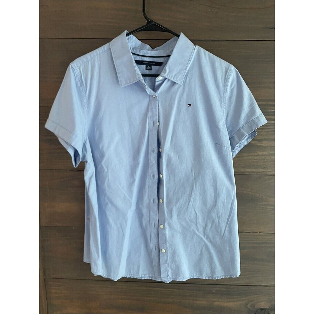 Tommy Hilfiger Women's Short Sleeve Button-Up Shirt (Blue, X-Large)